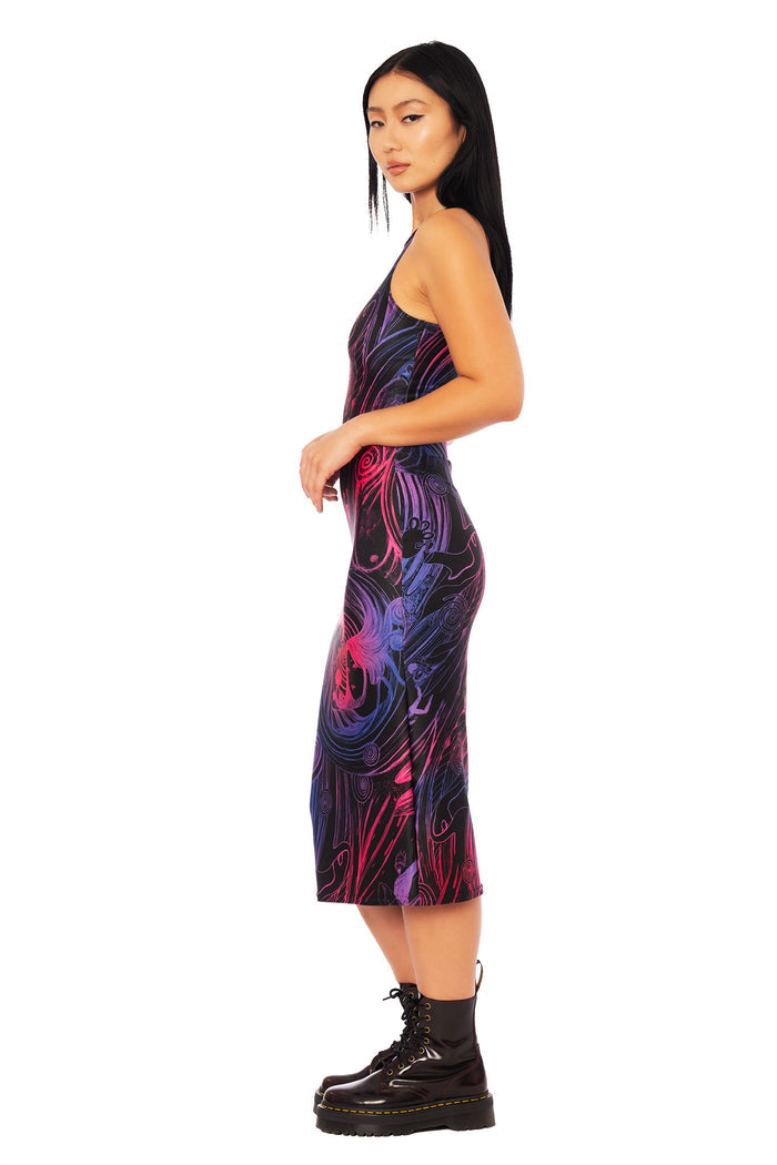 Pink and black spiral print bodycon dress inspired by Junji Ito Uzumaki, racer neckline midi dress with bold manga artwork.