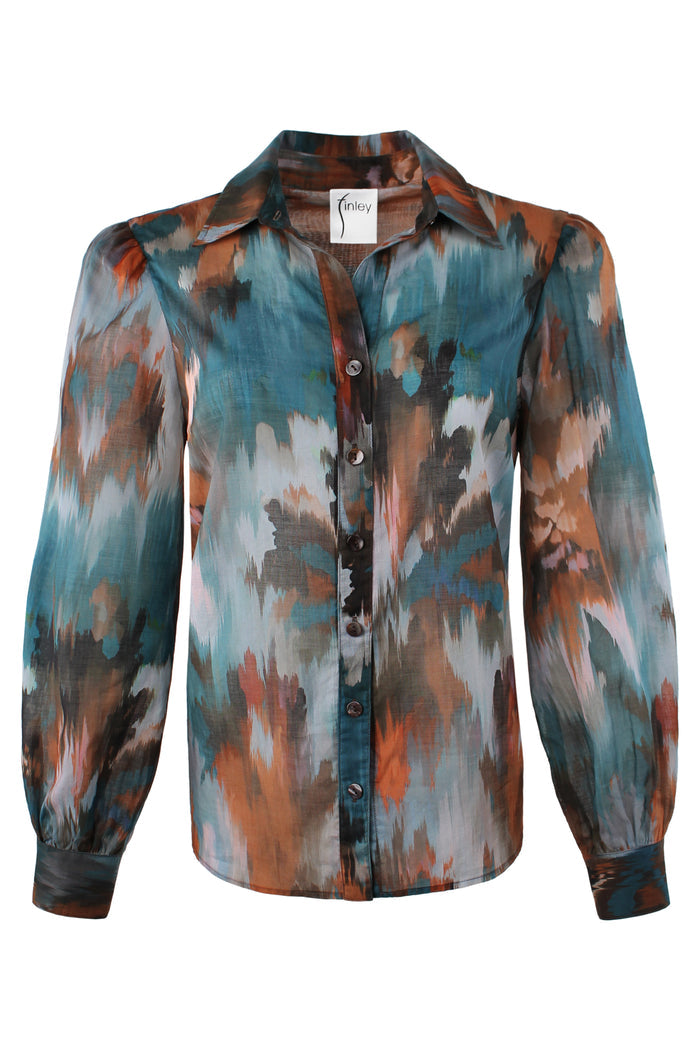 Front view of the Finley Collette blouse, a women's cotton voile blouse with a green floral autumn print.