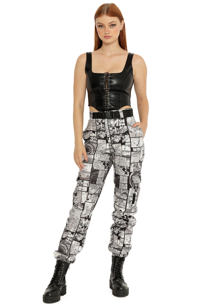 Women’s high waist cargo pants in black and white comic print, Uzumaki inspired manga panel trousers from the Junji Ito collection with structured waist and straight leg fit.