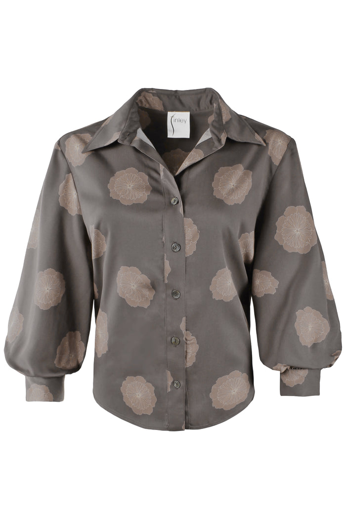 A long-sleeve button-up shirt in a dark gray-brown satin-like fabric, featuring a pattern of muted beige and taupe floral or cloud-like shapes, displayed on a clean white background.