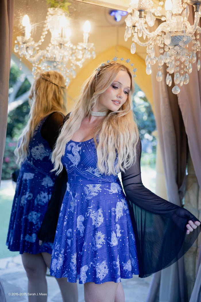 ACOTAR Court of Dreams scoop skater dress, inspired by A Court of Thorns and Roses series by Sarah J Maas, featuring Night Court symbols, celestial print, scoop neckline, skater skirt and pockets, fantasy outfit inspired by ACOTAR books