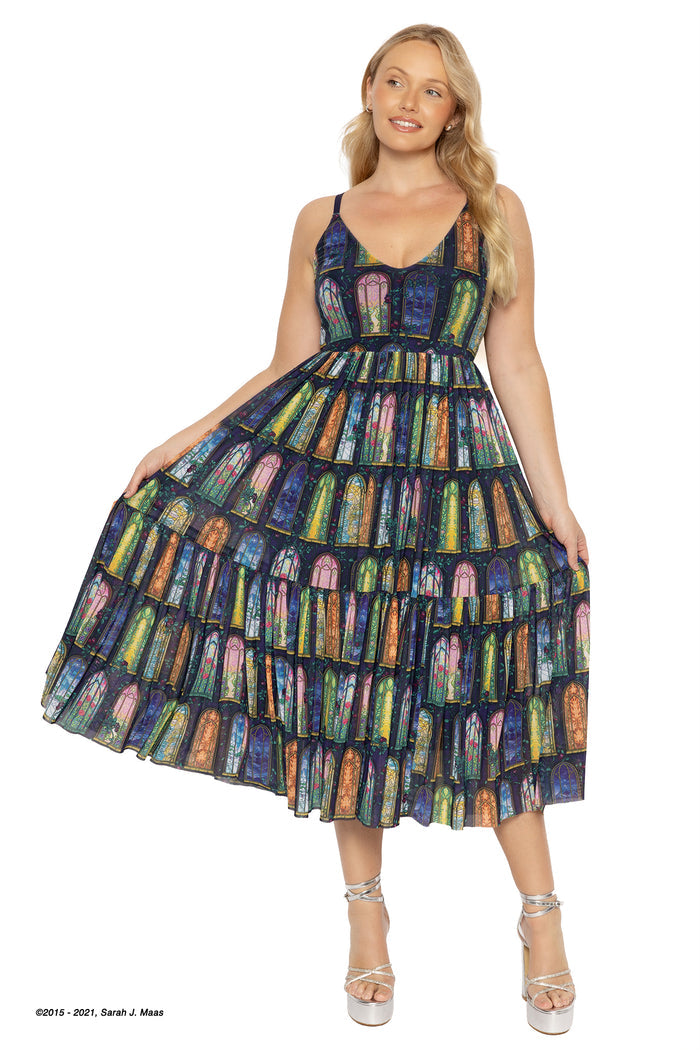 Courts of Prythian stained glass midaxi dress ACOTAR inspired, A Court of Thorns and Roses series sheer dress by Sarah J Maas with adjustable straps, lightweight fabric and soft flowing silhouette, fantasy aesthetic outfit