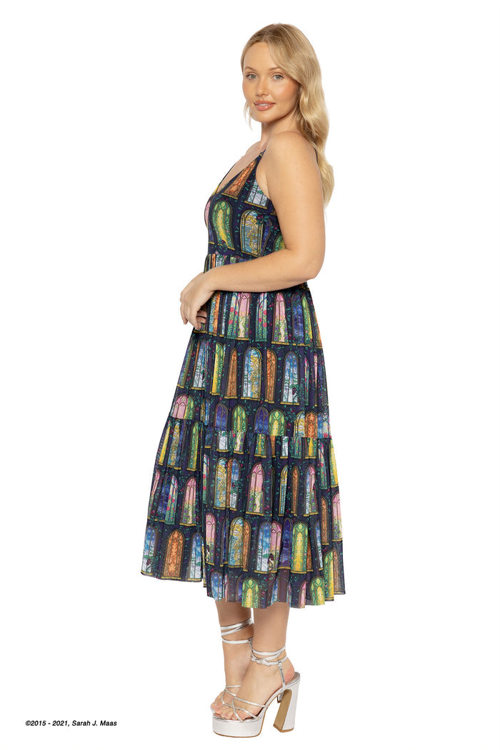 A Court of Thorns and Roses series Courts of Prythian dress, ACOTAR sheer midaxi dress by Sarah J Maas with stained glass window print, layered sheer fabric, adjustable straps and mid calf length, fantasy fashion style