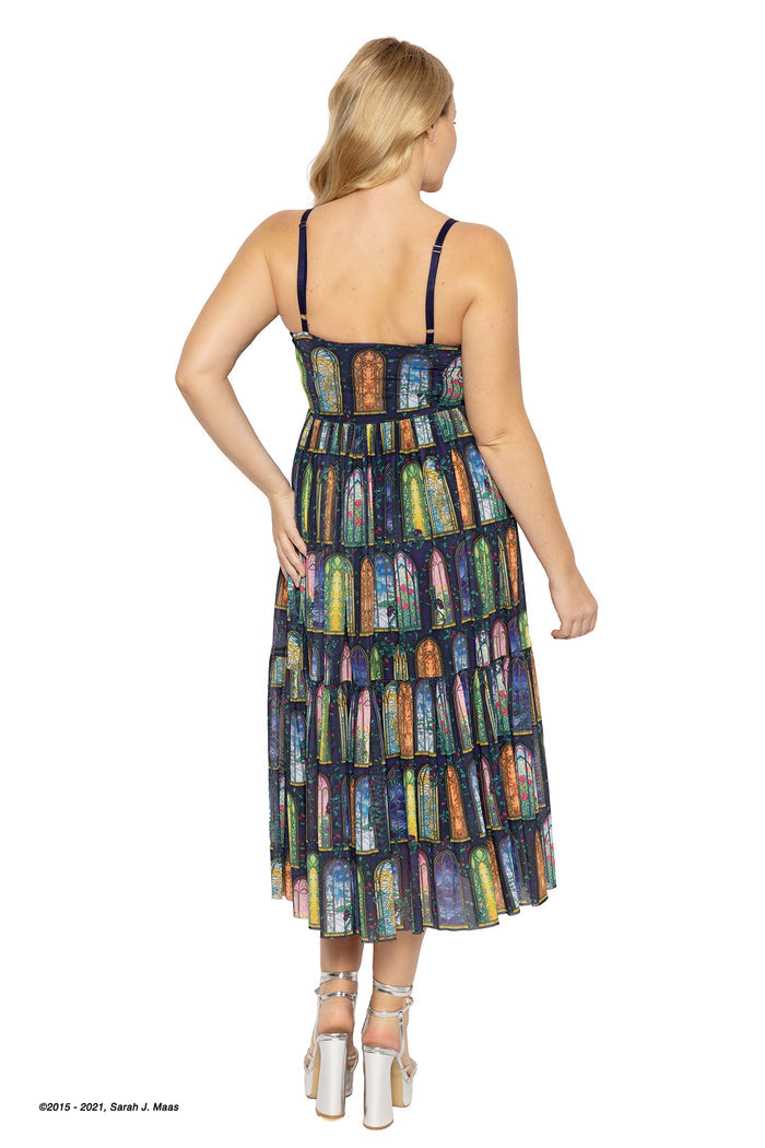 ACOTAR books inspired Courts of Prythian sheer midaxi dress, A Court of Thorns and Roses series design by Sarah J Maas with colourful stained glass print, floaty fabric and soft flowing silhouette