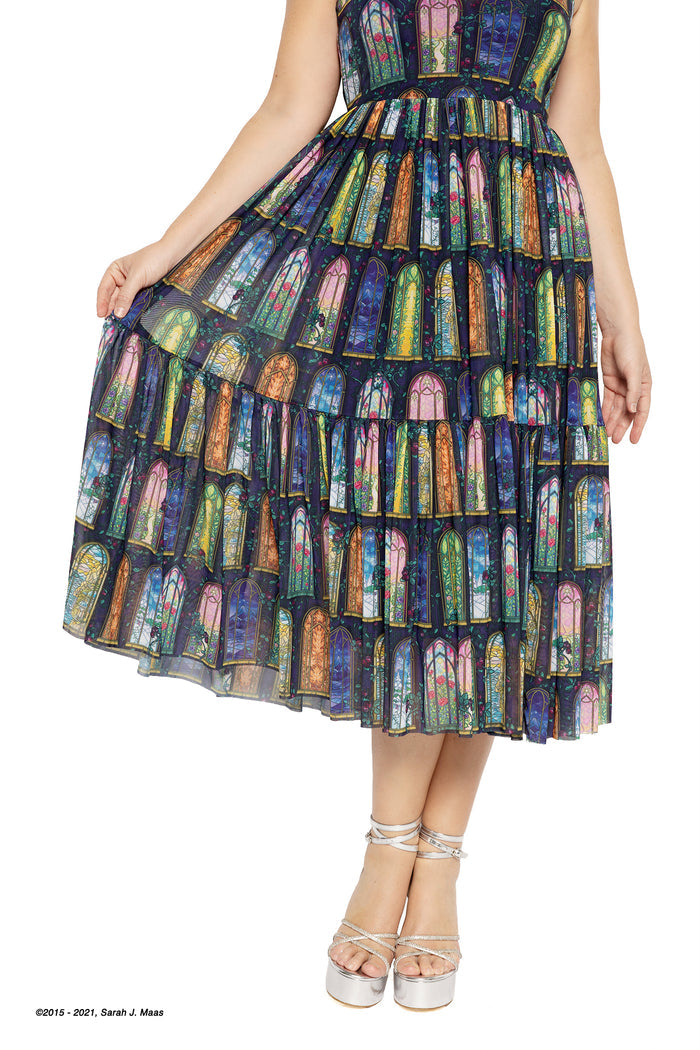 Sarah J Maas ACOTAR Courts of Prythian midaxi dress, A Court of Thorns and Roses inspired sheer dress with stained glass pattern, adjustable straps, layered fabric and mid length flowing shape