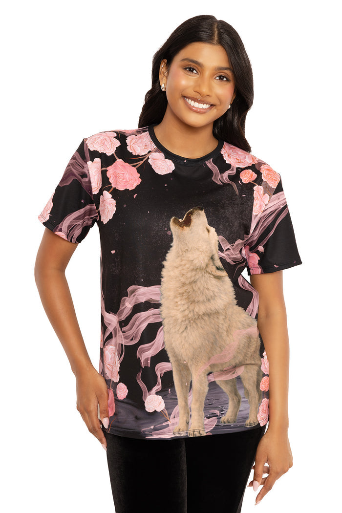 Wolf and moon print boyfriend tee with relaxed fit, combining statement artwork and all-day comfort for casual fashion, alternative wardrobes and laid-back styling.