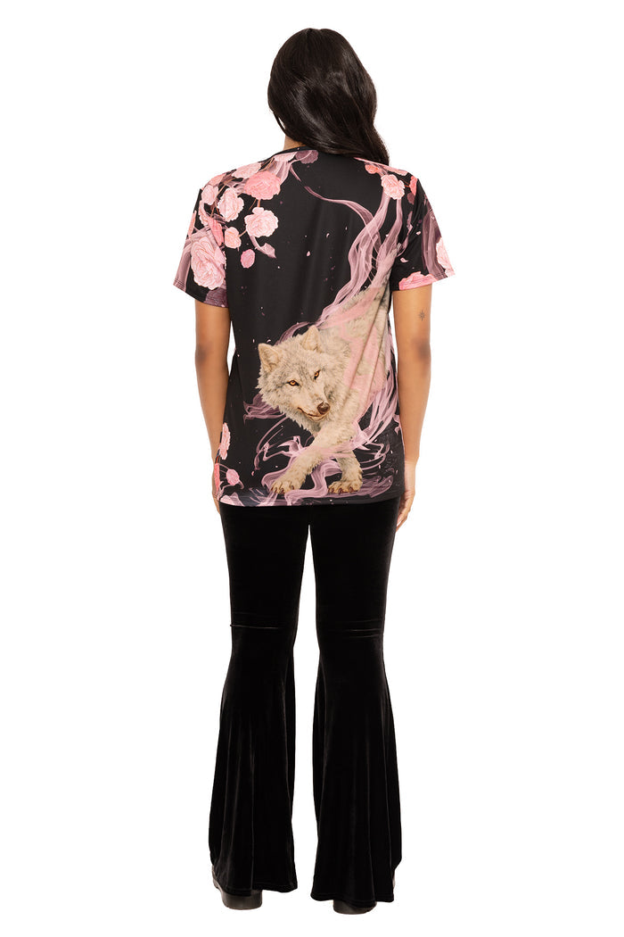 Graphic wolf boyfriend tee with celestial moon artwork, designed for comfortable everyday wear, alternative fashion lovers and casual weekend dressing.