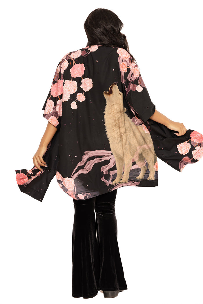 Flowing Crying at the Moon robe with wolf design, combining comfort and statement artwork for loungewear, witchy wardrobes and effortless layering.