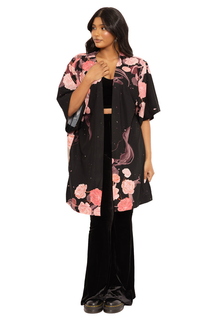 Alternative wolf print robe featuring celestial moon artwork, ideal for relaxing at home, travel, getting ready and stylish everyday comfort.