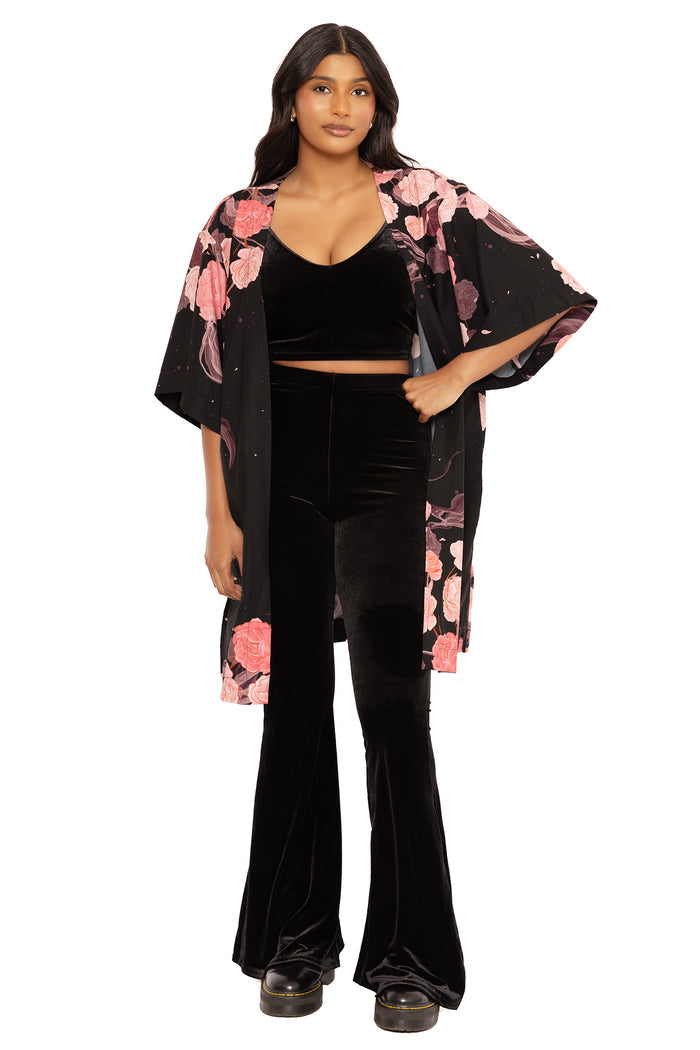 Longline wolf and moon robe with relaxed fit, designed for cosy layering, gothic fashion lovers and comfortable year-round wear.
