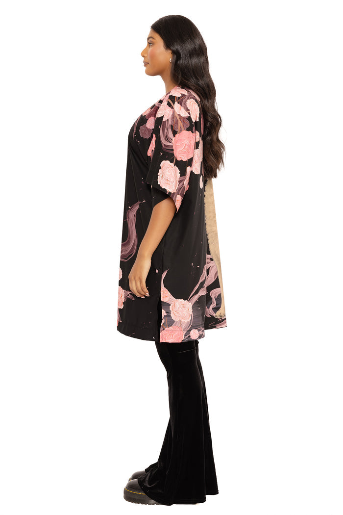 Moon and wolf print dressing gown with flowing silhouette, perfect for loungewear, self-care days, alternative fashion and comfortable home styling.