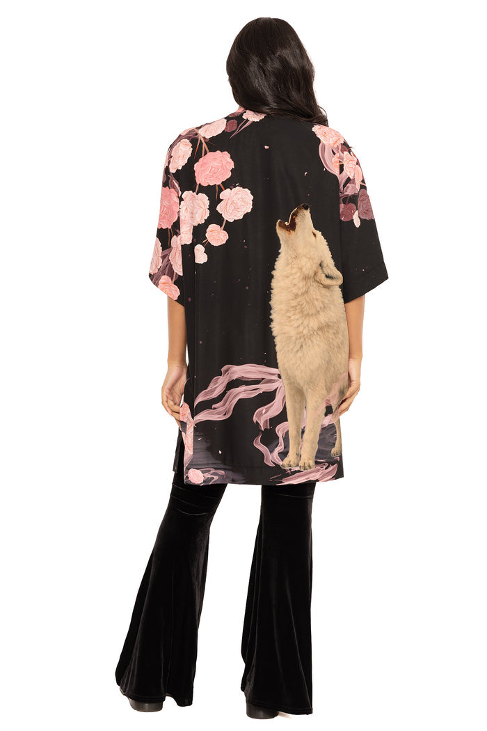 Crying at the Moon wolf robe with lightweight drape, offering comfort and versatility for lounging, layering over outfits and relaxed everyday wear.