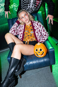 BlackMilk Cutie-Patooohtie Knit Cardigan – pink ghost print cropped Halloween knit cardigan, part of the BlackMilk Clothing Halloween collection