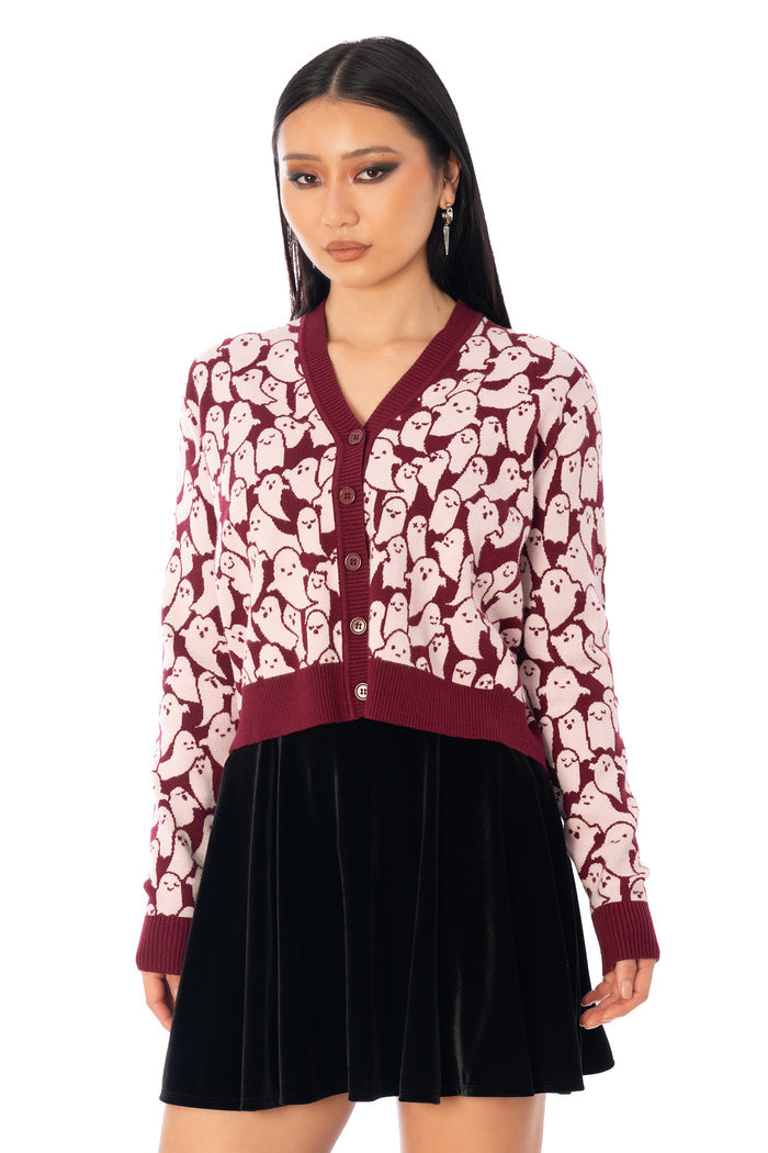 BlackMilk Cutie-Patooohtie Knit Cardigan – pink ghost print cropped Halloween knit cardigan, part of the BlackMilk Clothing Halloween collection