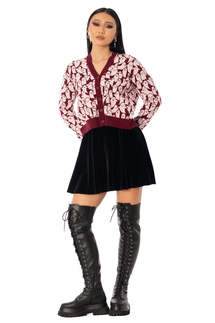 BlackMilk Cutie-Patooohtie Knit Cardigan – pink ghost print cropped Halloween knit cardigan, part of the BlackMilk Clothing Halloween collection