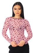 BlackMilk Cutie-Patooohtie Sheer Boat Neck Long Sleeve Top – pink ghost print sheer mesh Halloween top, part of the BlackMilk Clothing Halloween collection
