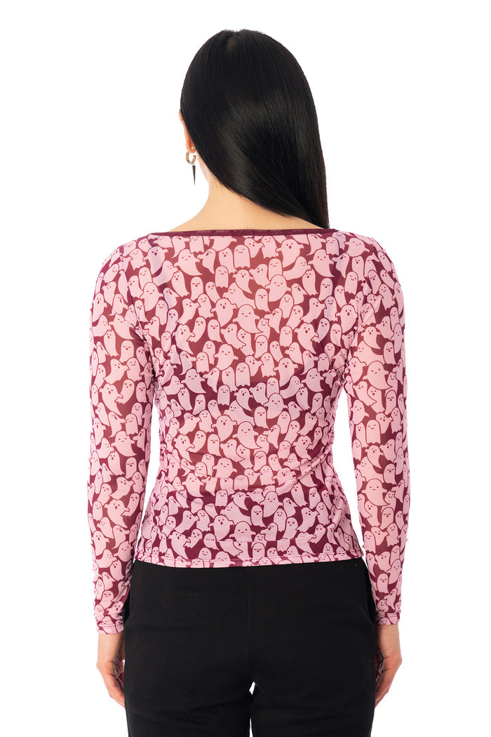 BlackMilk Cutie-Patooohtie Sheer Boat Neck Long Sleeve Top – pink ghost print sheer mesh Halloween top, part of the BlackMilk Clothing Halloween collection