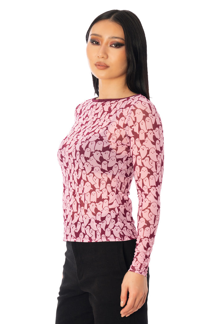 BlackMilk Cutie-Patooohtie Sheer Boat Neck Long Sleeve Top – pink ghost print sheer mesh Halloween top, part of the BlackMilk Clothing Halloween collection
