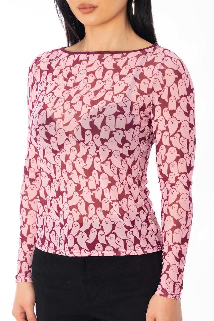 BlackMilk Cutie-Patooohtie Sheer Boat Neck Long Sleeve Top – pink ghost print sheer mesh Halloween top, part of the BlackMilk Clothing Halloween collection