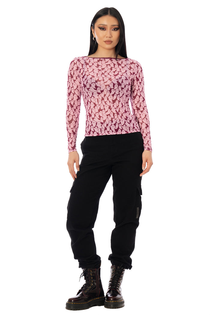 BlackMilk Cutie-Patooohtie Sheer Boat Neck Long Sleeve Top – pink ghost print sheer mesh Halloween top, part of the BlackMilk Clothing Halloween collection