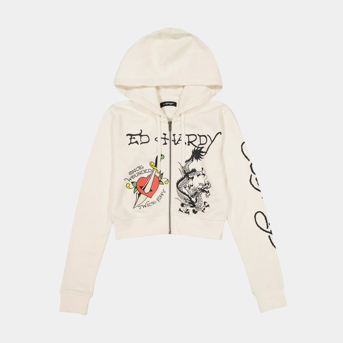 Dagger Heart Cropped Full Zip Womens Hoodie (Beige/Black)