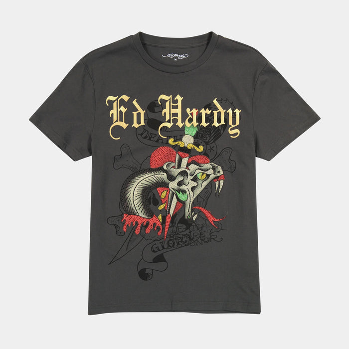 Dagger Snake Rhinestone Mens Short Sleeve Shirt (Grey/Yellow)