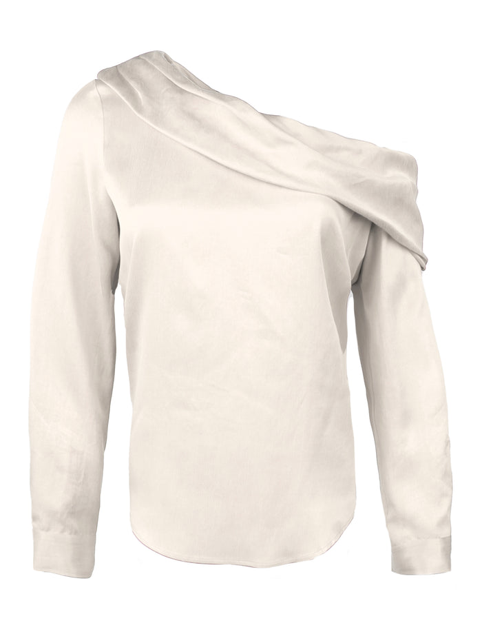 A front view of the Dani shirt, featuring long sleeves, an off-shoulder foldover neckline, cupro cotton fabric in flame red, and a relaxed shape.