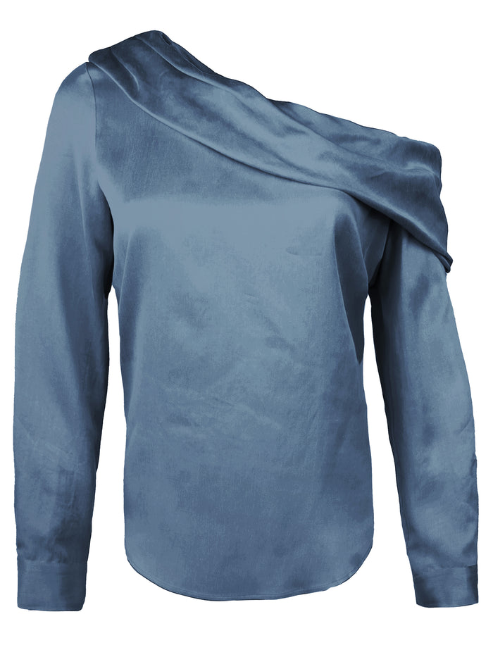 A front view of the Dani shirt, featuring long sleeves, an off-shoulder foldover neckline, cupro cotton fabric in dark teal, and a relaxed shape.