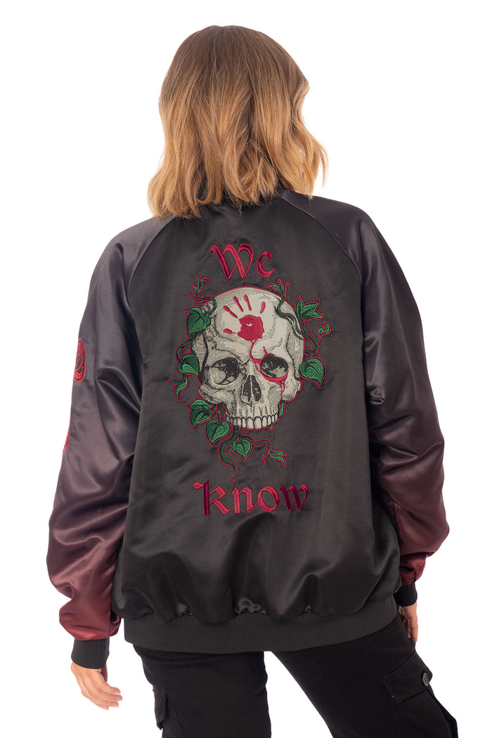 Elder Scrolls clothing piece with satin finish, red sleeve embroidery and Dark Brotherhood insignia
