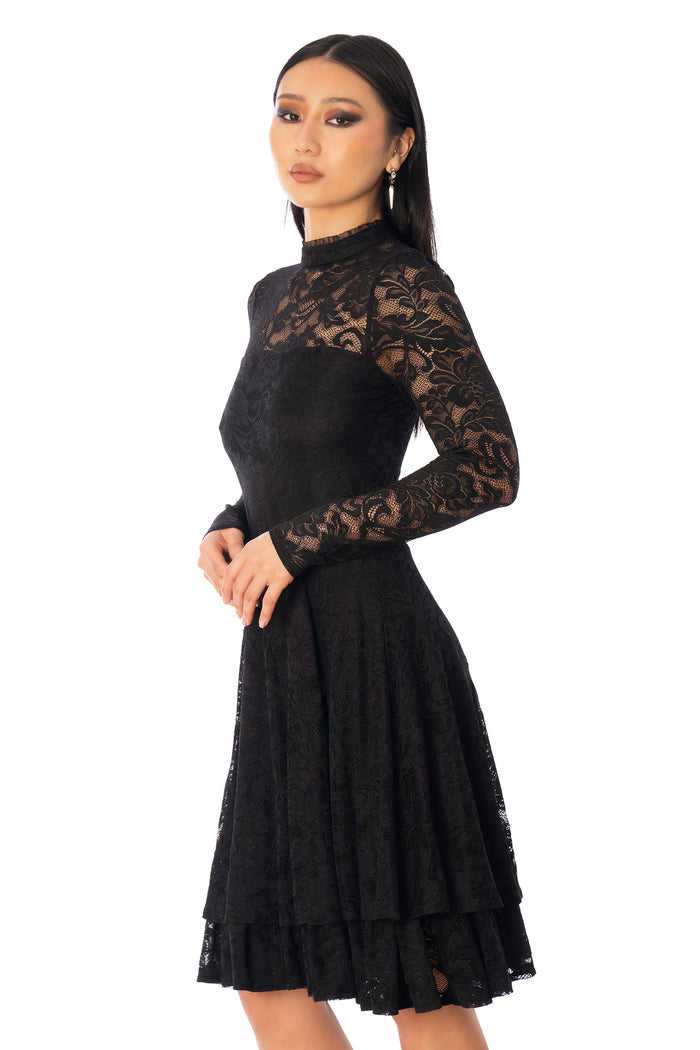 BlackMilk Dark Darling Lace Longline Dress – black gothic Victorian floral lace long sleeve Halloween dress, part of the BlackMilk Clothing Halloween collection