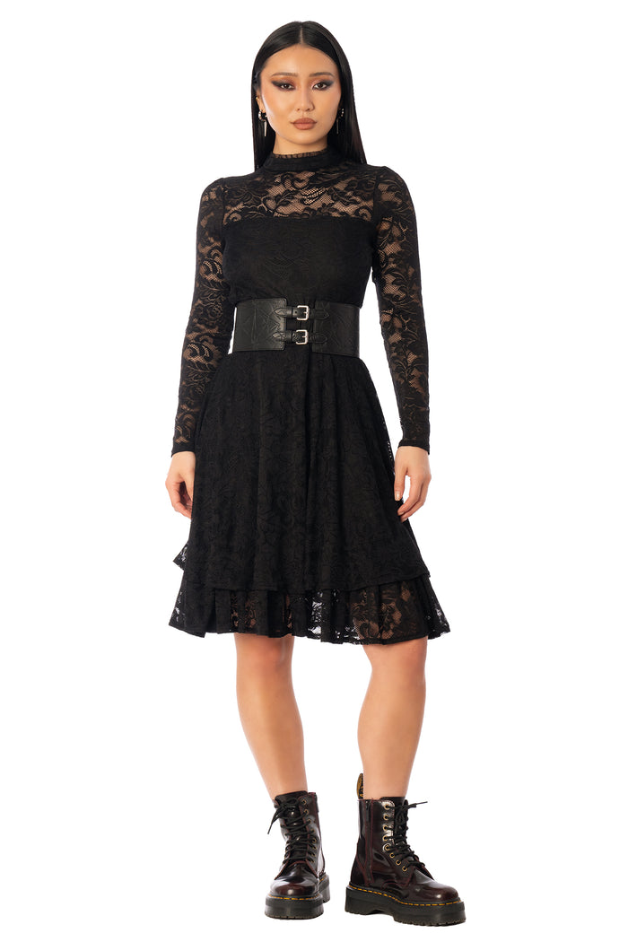 BlackMilk Dark Darling Lace Longline Dress – black gothic Victorian floral lace long sleeve Halloween dress, part of the BlackMilk Clothing Halloween collection