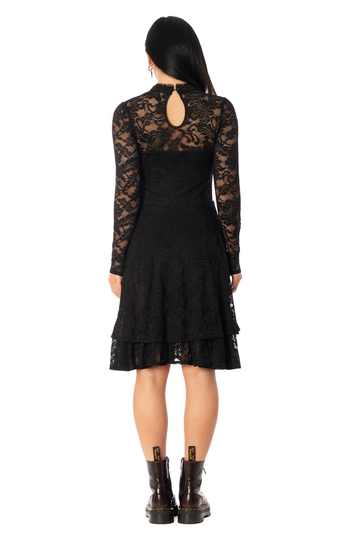 BlackMilk Dark Darling Lace Longline Dress – black gothic Victorian floral lace long sleeve Halloween dress, part of the BlackMilk Clothing Halloween collection