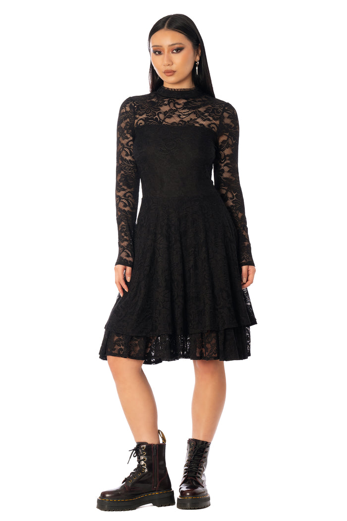 BlackMilk Dark Darling Lace Longline Dress – black gothic Victorian floral lace long sleeve Halloween dress, part of the BlackMilk Clothing Halloween collection