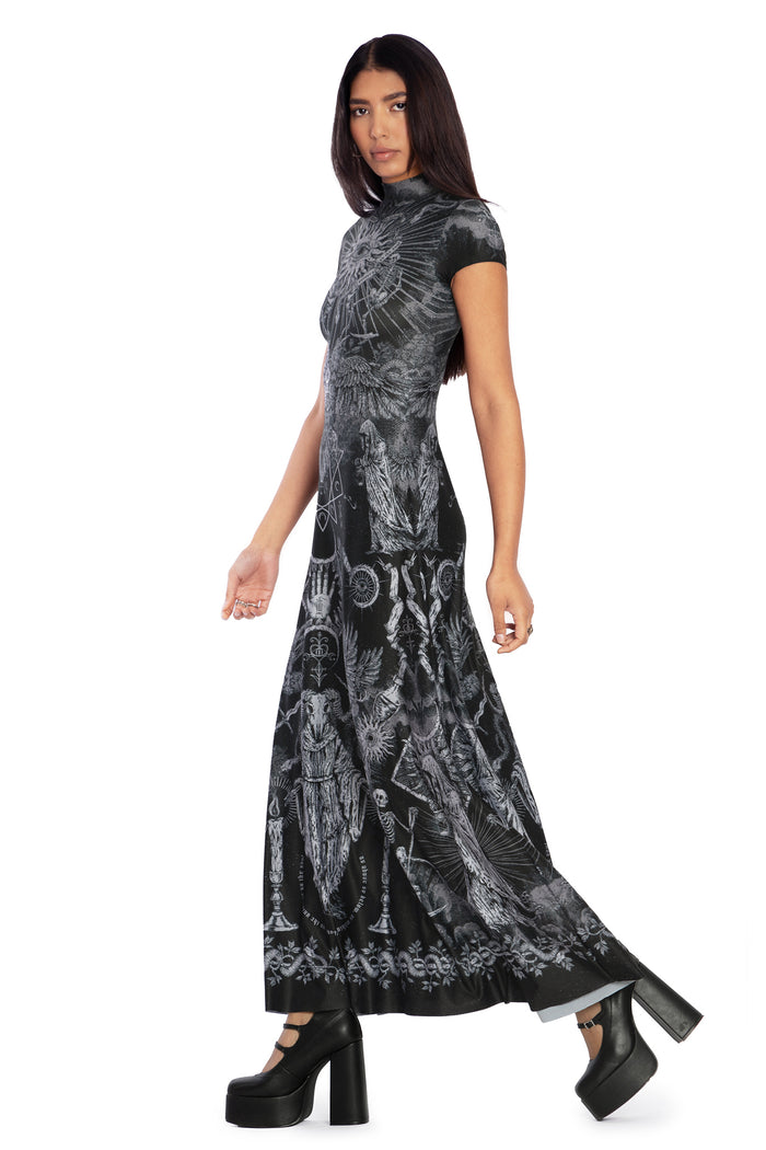 BlackMilk Clothing - Dark Rites High Neck Cap Sleeve Maxi Dress