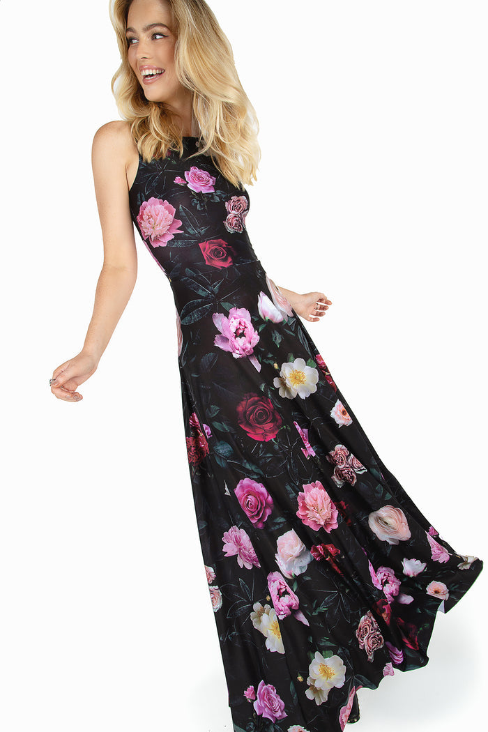 Bring back Dark Rose Princess Maxi Dress by BlackMilk Clothing, iconic black floral maxi dress with classic princess silhouette