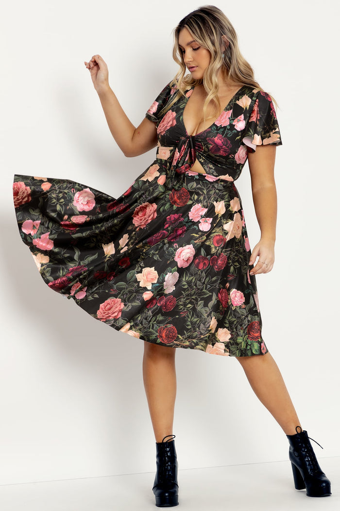 Dark Roses Rio Midi Dress featuring a flattering fitted silhouette and romantic dark rose print, perfect for workwear, special occasions, date nights and everyday styling.
