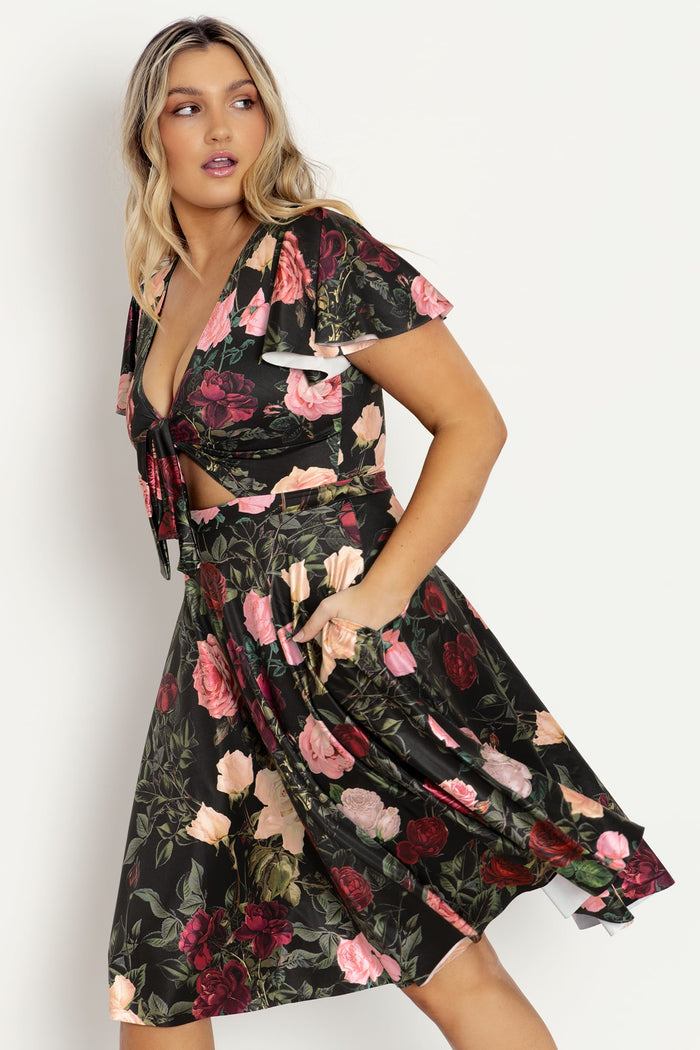 Dark rose print Rio midi dress with flattering silhouette, ideal for workwear, weddings, dinners and elevated everyday fashion.