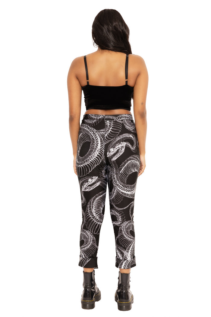 Alternative cuffed pants featuring Dead Snake artwork, combining comfort and statement style for gothic fashion, weekend outfits and laid-back everyday wear.