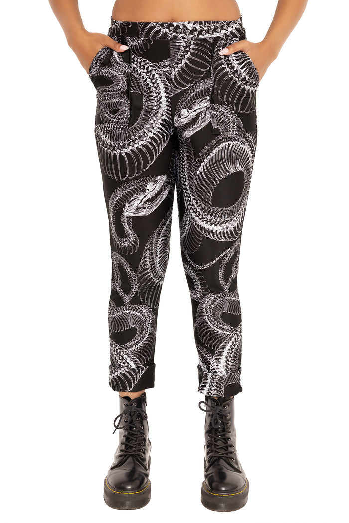 Dead Snake printed cuffed trousers for alternative fashion lovers, featuring a comfortable fit perfect for everyday outfits, festivals and casual styling.