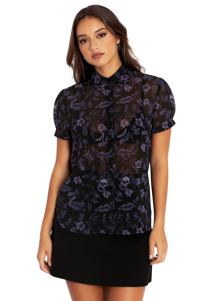 BlackMilk Clothing - Deadly Nightshade Puff Sleeve Cute As A Button Shirt