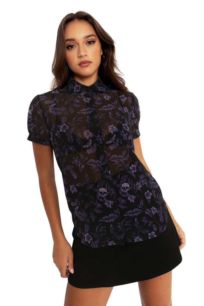 BlackMilk Clothing - Deadly Nightshade Puff Sleeve Cute As A Button Shirt