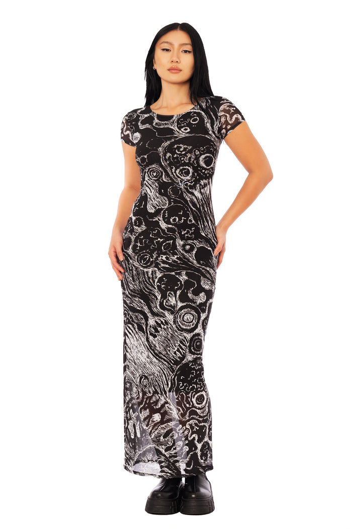 Gyo-inspired sheer column maxi dress from the Junji Ito x BlackMilk collaboration, monochrome anime mesh dress with death stench illustration in gothic streetwear style.
