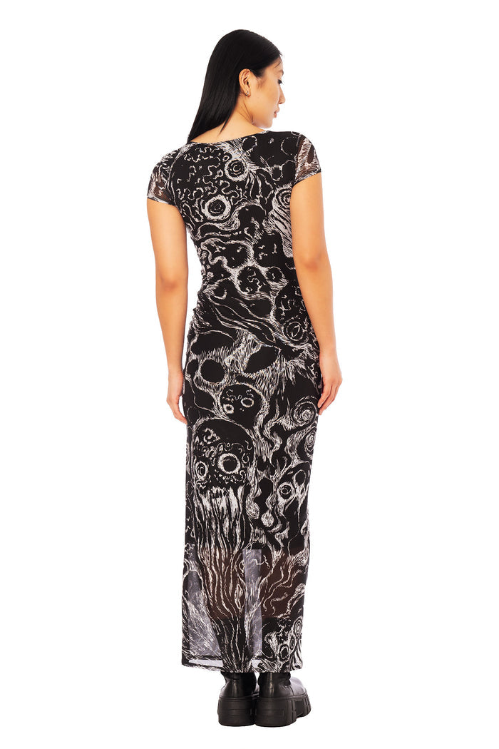Japanese horror fashion maxi dress inspired by Junji Ito Gyo, sheer black and white mesh column dress featuring drifting death stench artwork.