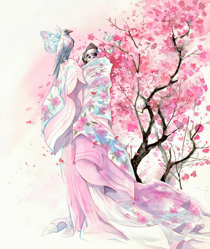 Full-length Death’s Friend Cap Sleeve Maxi Dress showing detailed artwork placement, flowing silhouette, and soft pastel colour palette.
