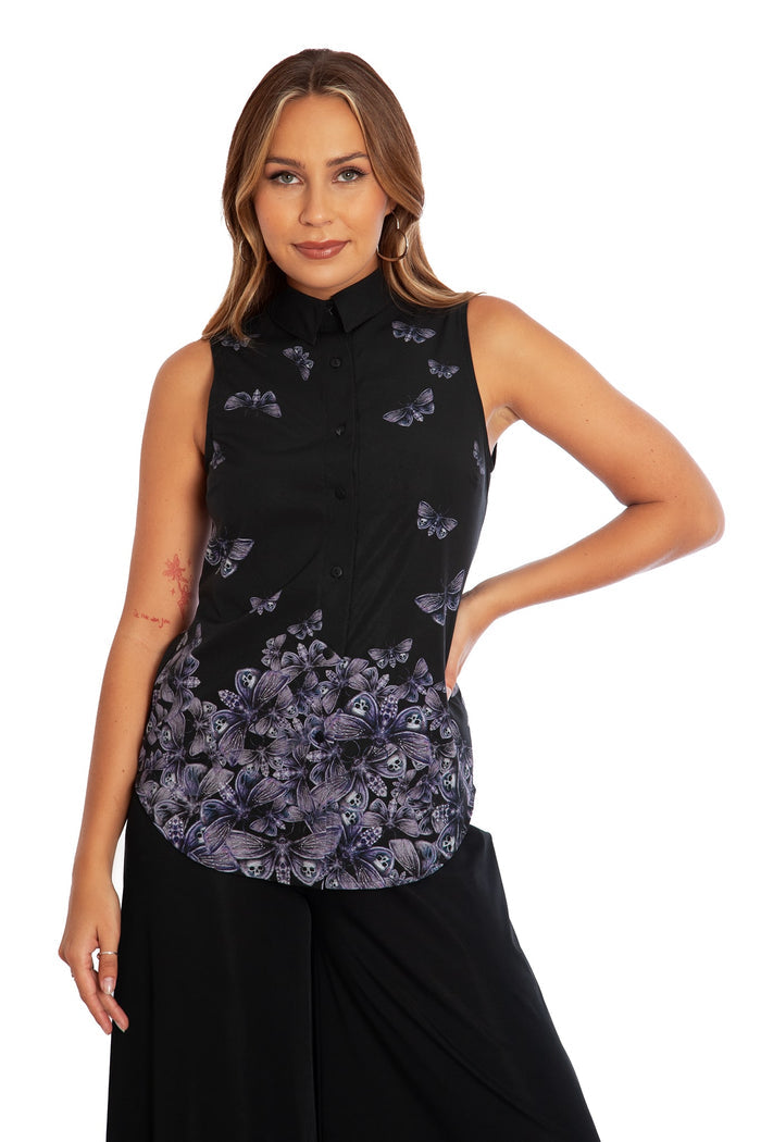 BlackMilk Death's Head Hawkmoth Business Shirt, black button-up with hawkmoth graphic, from the Deathly Drop Collection