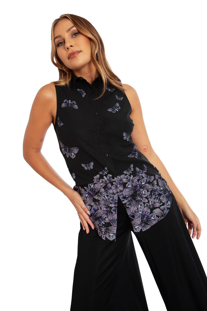 BlackMilk Death's Head Hawkmoth Business Shirt, black button-up with hawkmoth graphic, from the Deathly Drop Collection