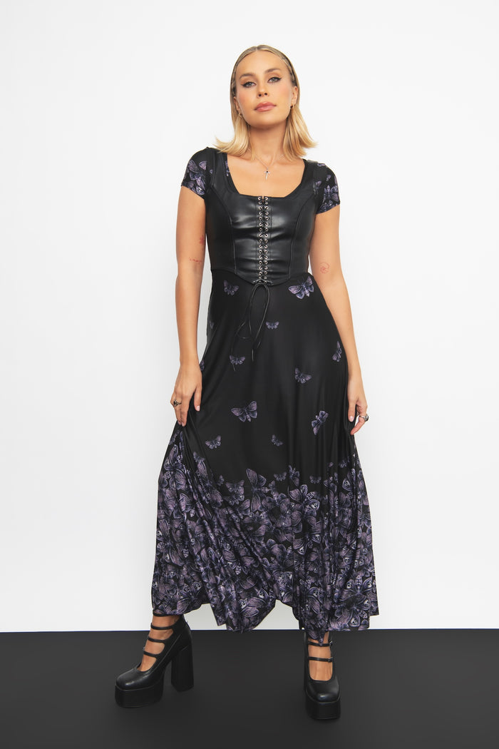 Deaths Head Hawksmoth Cap Sleeve Maxi Dress featuring a flowing maxi silhouette, cap sleeves and intricate moth artwork, perfect for gothic fashion, special occasions and elevated everyday wear.