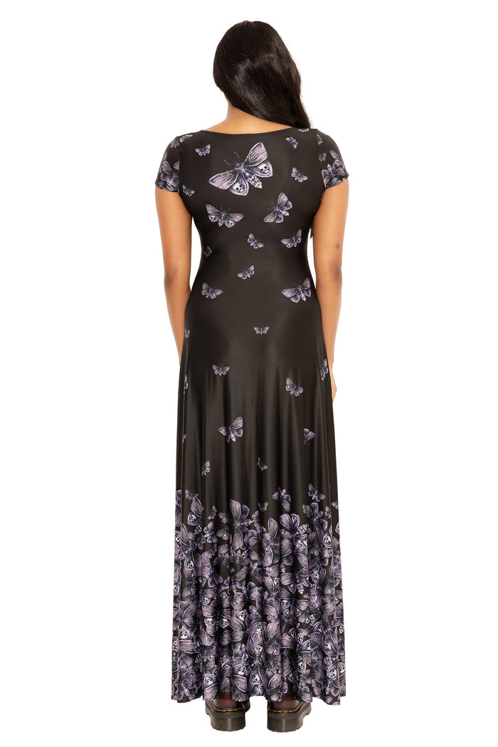 Alternative maxi dress featuring Death's Head Hawk Moth artwork, perfect for dark romantic styling, special occasions and statement everyday outfits.