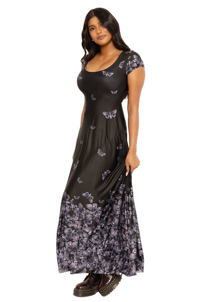 Flowing cap sleeve maxi dress with moth print design, ideal for gothic fashion lovers seeking comfort, elegance and versatile day-to-night styling.