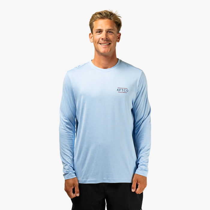 Airy Blue Heather $Model is 6'1" 175lbs Size L$